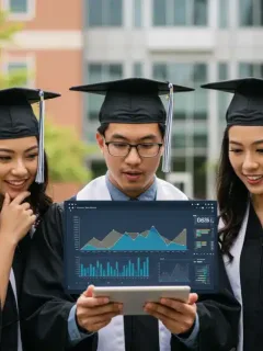 Recent US graduates reviewing federal student loan repayment plan information on a tablet.