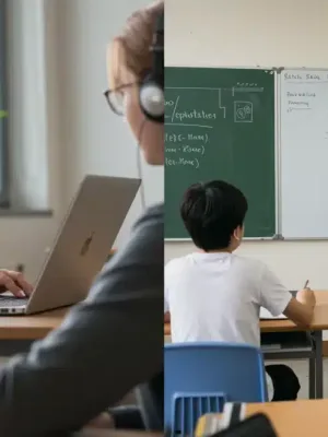 Split image comparing online learning with in-person classroom education in 2026