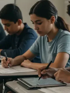 Diverse students in a classroom interacting with both digital and paper-based tests, illustrating the evolution of standardized testing in the US.