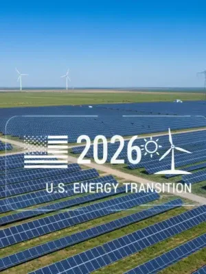 Vast solar farm and distant wind turbines representing the US energy transition.