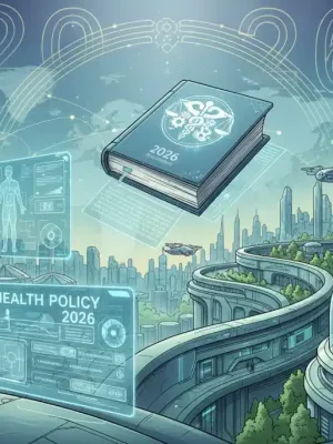 Illustration of 2026 healthcare landscape with policy shifts affecting patient access and costs.