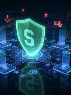 Digital shield protecting network from cyber threats, representing strong cybersecurity for businesses.