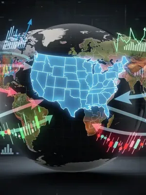 Global map with economic indicators and geopolitical symbols affecting the U.S. economy.