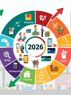 Infographic showing consumer spending trends for 2026, with sectors in growth and decline