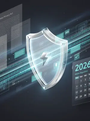 Digital data flow with legal documents and 2026 calendar, representing new data privacy laws and federal regulations.