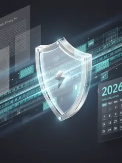 Digital data flow with legal documents and 2026 calendar, representing new data privacy laws and federal regulations.