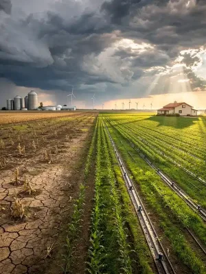 Vast agricultural fields under a dramatic sky, symbolizing the challenges of climate change on US food production.