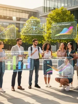 Students strategizing for the 2026 job market with digital projections
