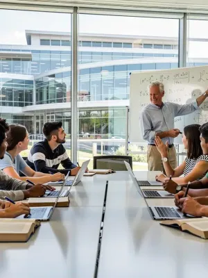 High school students engaged in an Early College Program classroom, actively learning and collaborating with a professor.