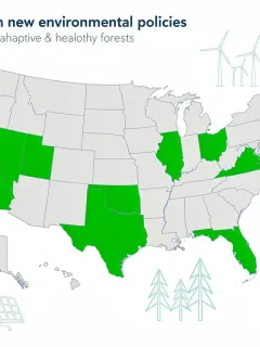 Map of the US highlighting 7 states leading environmental policy by 2026