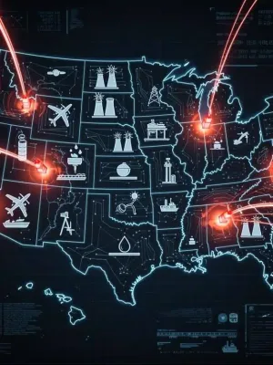 Digital map of US showing critical infrastructure under cyber attack threat, representing a 20% rise.