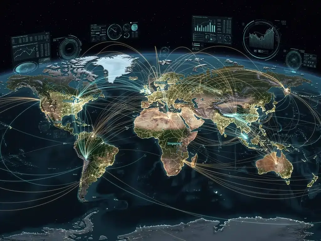 Global trade routes and financial hubs illustrating interconnected markets