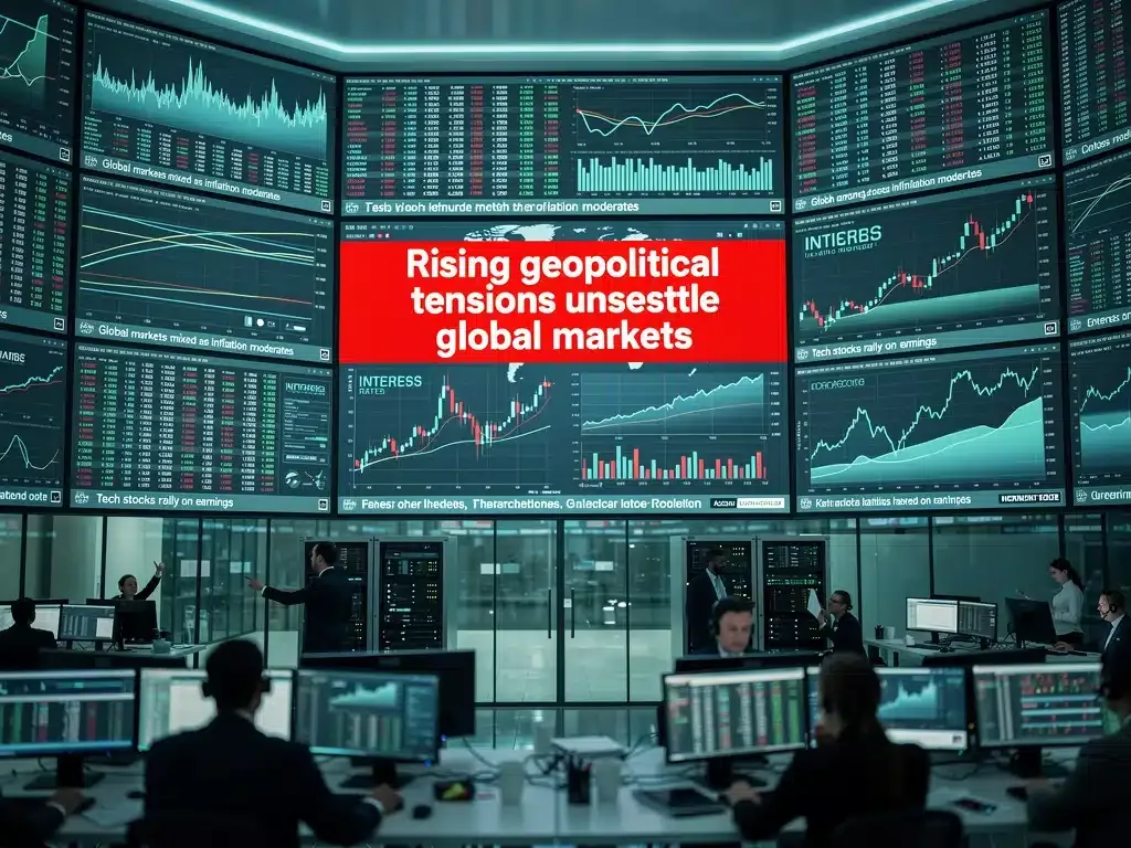 Economic indicators and news headlines on multiple screens showing market response