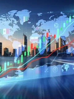 Stock market graph with geopolitical symbols reflecting early 2026 volatility