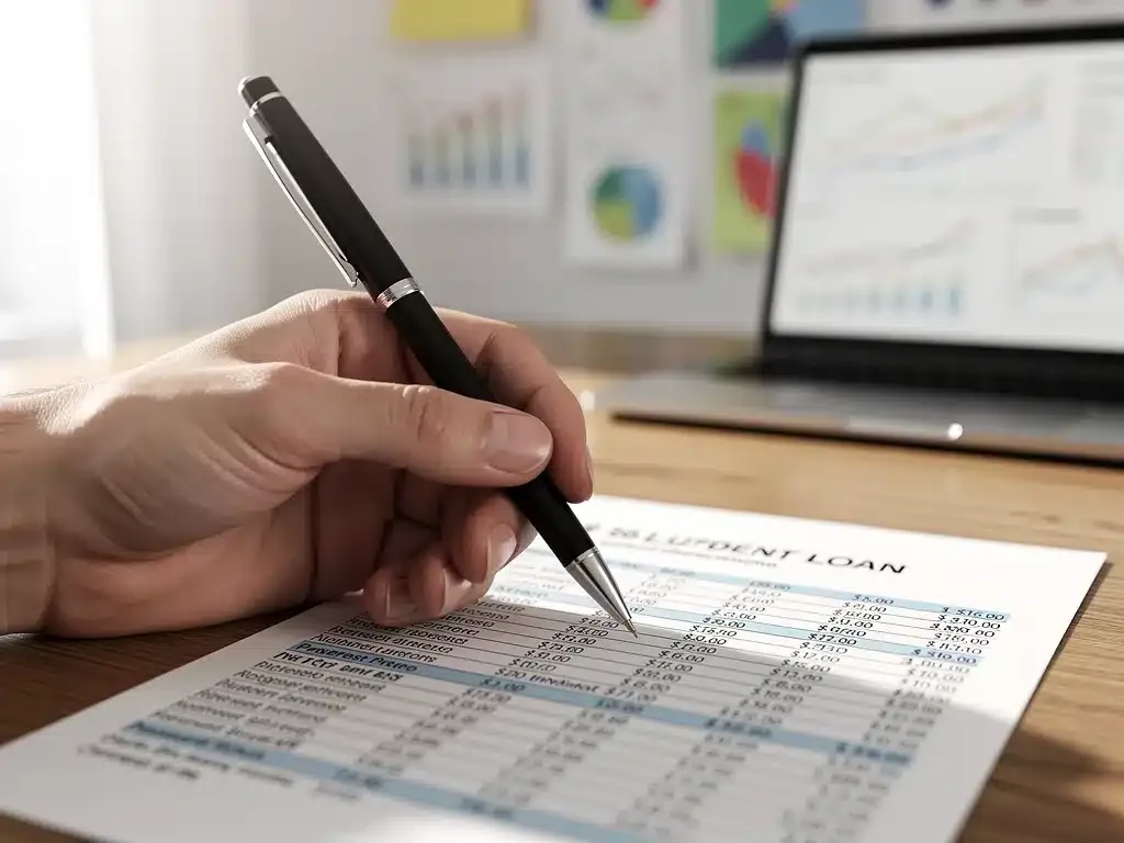 Person analyzing student loan statements and financial documents