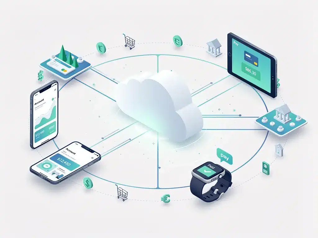 Integrated digital financial ecosystem showing connected devices and cloud services.