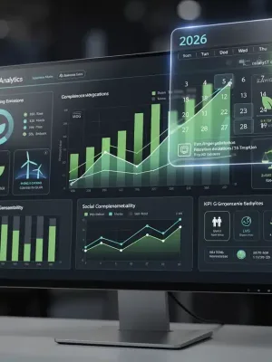 Digital dashboard displaying ESG metrics and 2026 calendar, representing new regulatory compliance.