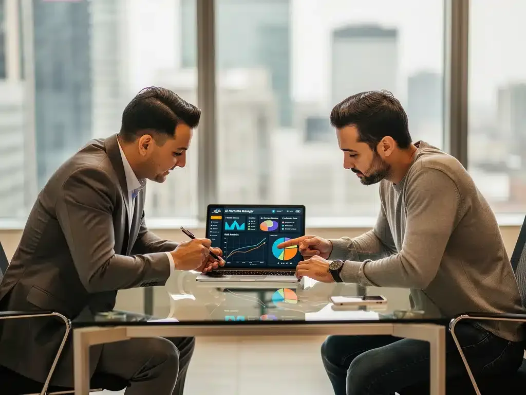 Financial advisor and client reviewing AI-driven portfolio on tablet