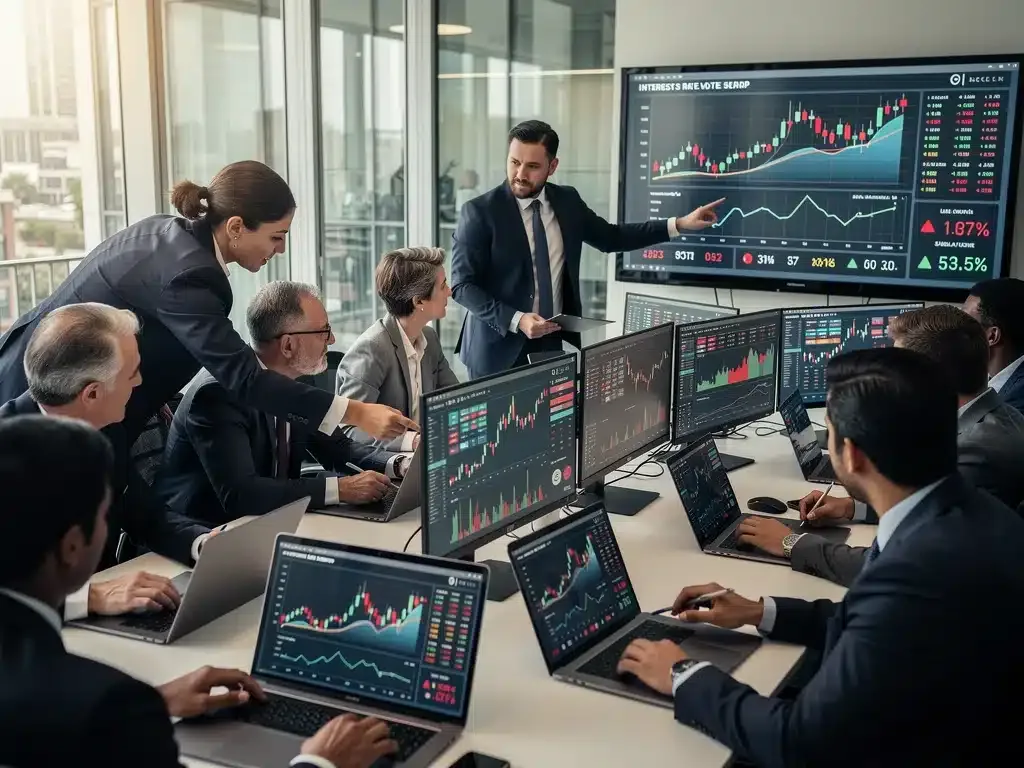 Economists analyzing financial data on screens