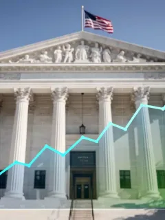 Federal Reserve building with overlay of rising interest rates chart