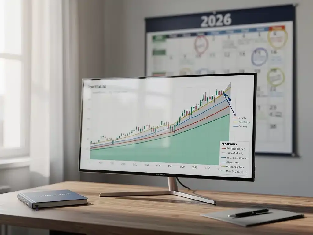Investment portfolio chart with a downward trend line towards 2026, symbolizing market correction preparation.