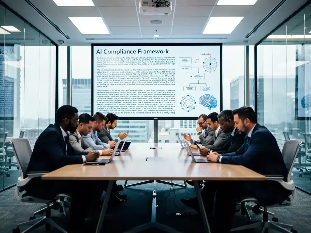 Tech professionals discussing AI legislation in a conference room, analyzing regulatory impact.