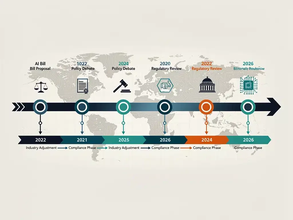 Timeline graphic illustrating key milestones and regulatory checkpoints for 2026 AI legislation.
