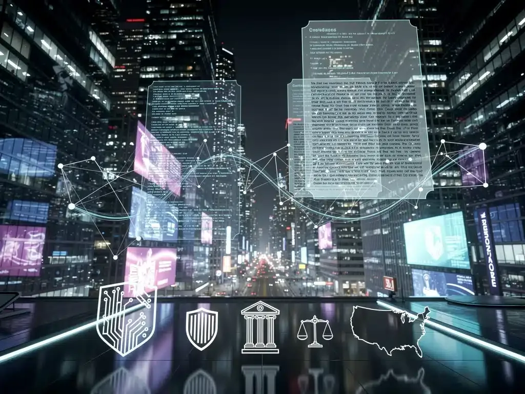 Futuristic cityscape with AI algorithms and legal documents, representing AI legislation impact on US tech.