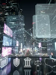 Futuristic cityscape with AI algorithms and legal documents, representing AI legislation impact on US tech.