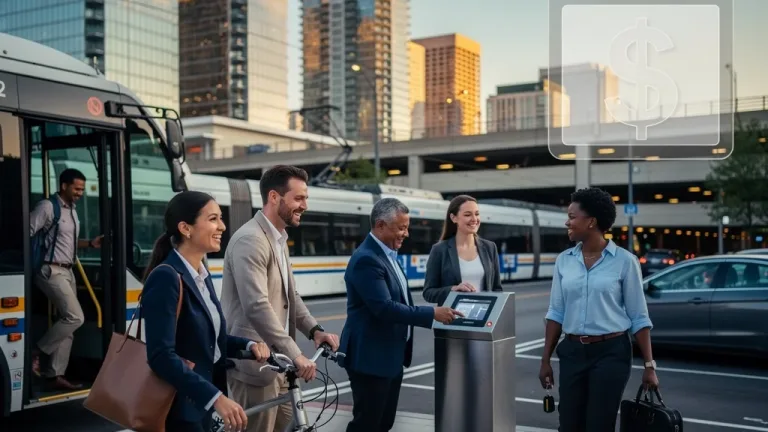 Diverse commuters utilizing transit and parking, highlighting 2026 benefits