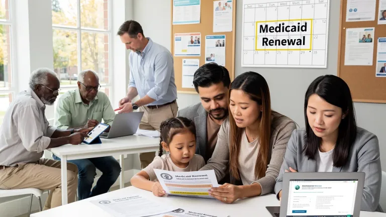 Diverse individuals reviewing Medicaid renewal documents for 2026, focused on preventing coverage loss.