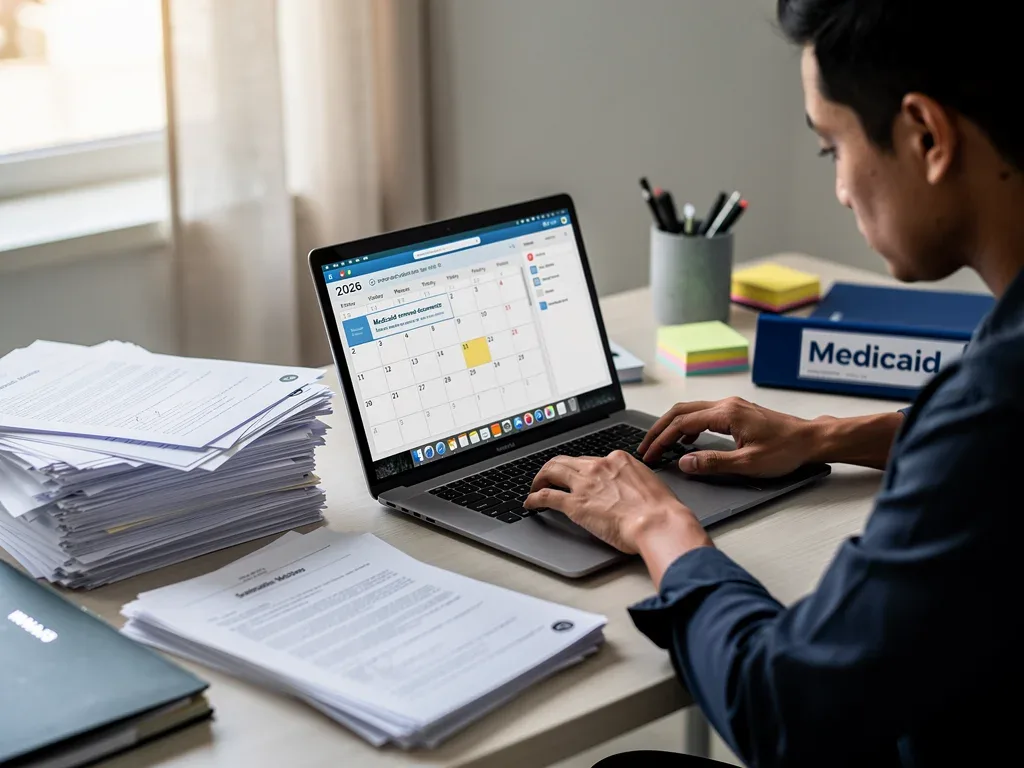 Beneficiary reviewing Medicaid renewal documents in 2026.