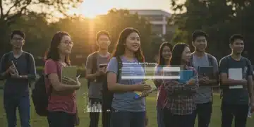 College students discussing financial aid, symbolizing the impact of 2026 FAFSA changes on their educational journey.