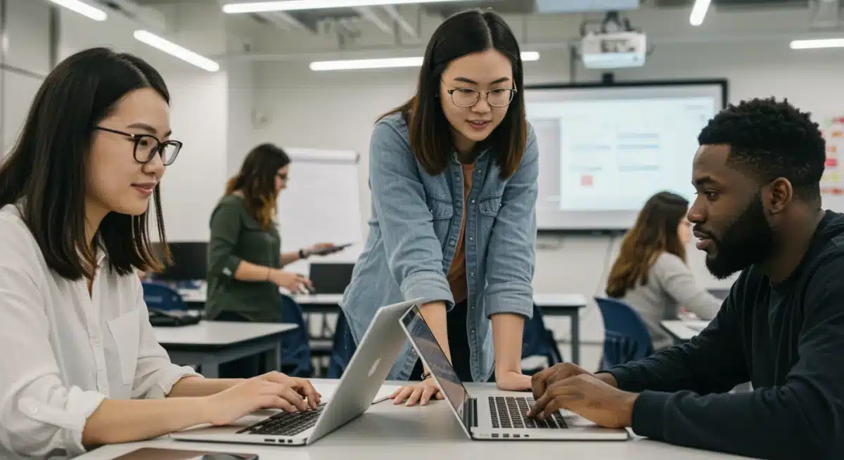 College students collaborating in a modern in-person classroom setting