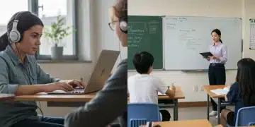 Split image comparing online learning with in-person classroom education in 2026