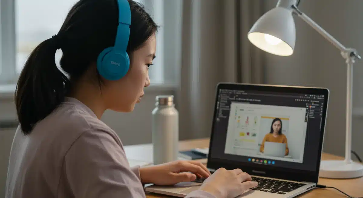 Student actively participating in a virtual online classroom session