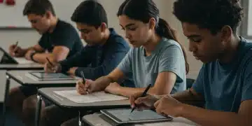 Diverse students in a classroom interacting with both digital and paper-based tests, illustrating the evolution of standardized testing in the US.