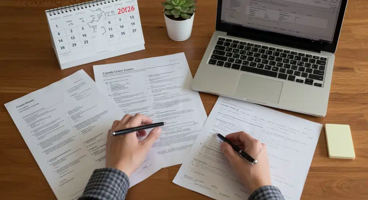 Individual researching 2026 state family leave policies on a laptop with documents and calendar.