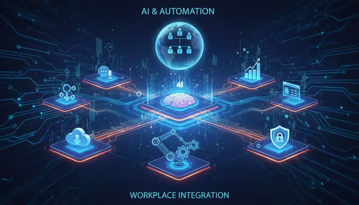 Artificial intelligence and automation transforming workplace operations.