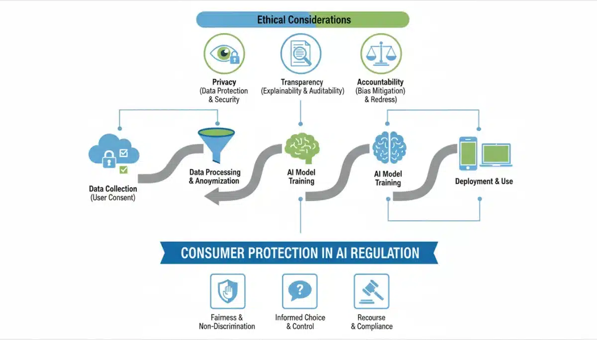 Infographic on ethical AI development and consumer protection guidelines.