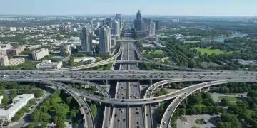 Modern highway interchange symbolizing efficient national transportation