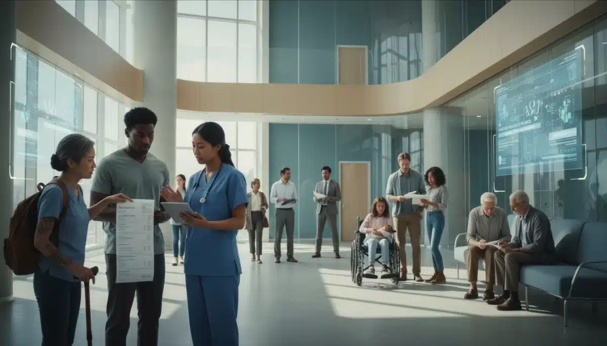 Diverse patients interacting within a healthcare system, symbolizing access challenges and opportunities.