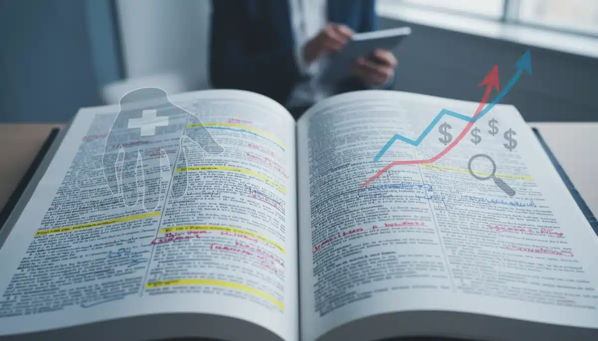 Complex healthcare policy document with overlays of patient access and cost implications.