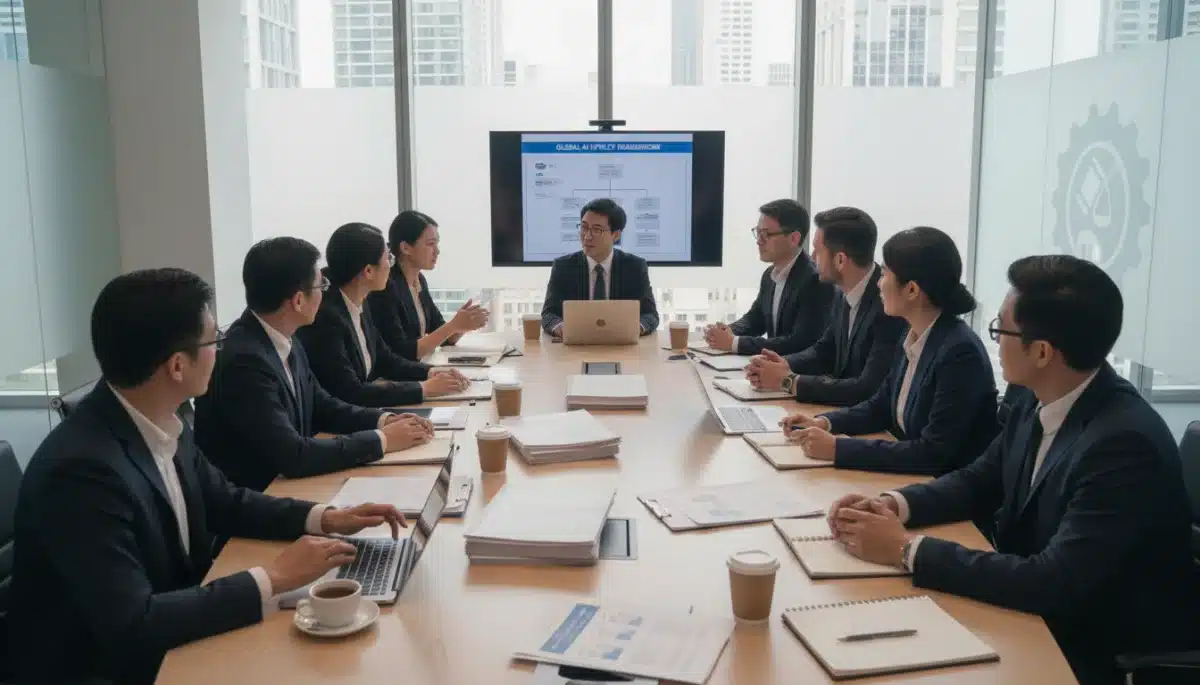 Tech executives and legal experts discussing new AI regulations.