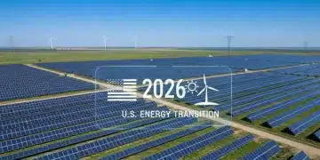 Vast solar farm and distant wind turbines representing the US energy transition.