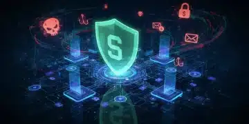 Digital shield protecting network from cyber threats, representing strong cybersecurity for businesses.