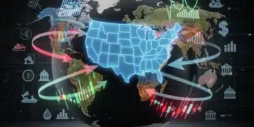 Global map with economic indicators and geopolitical symbols affecting the U.S. economy.