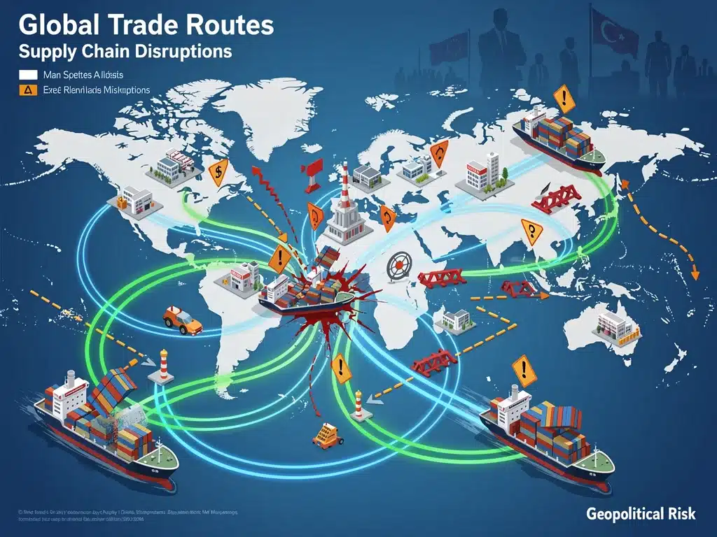 Disrupted global supply chains due to geopolitical tensions impacting trade.