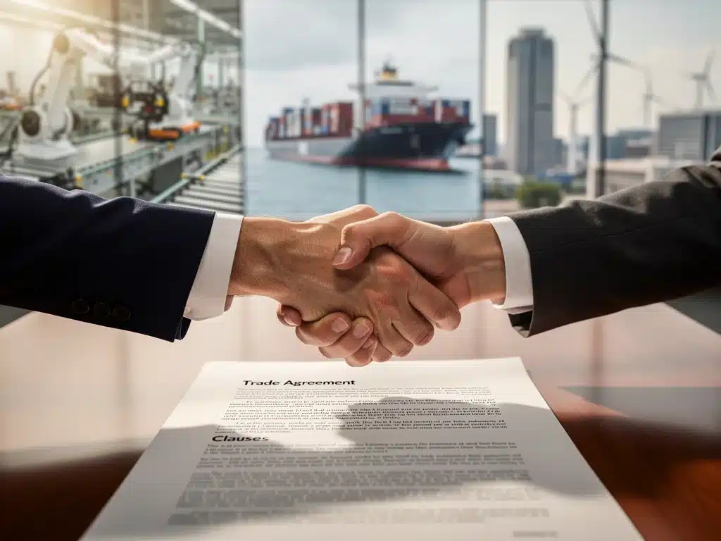 Hands shaking over trade agreement documents, symbolizing new US trade agreements