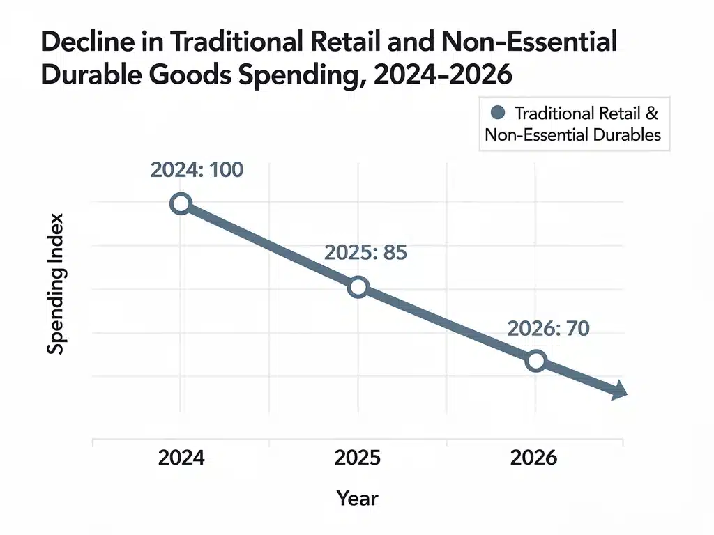 Line graph depicting declining consumer spending in traditional retail and durable goods towards 2026